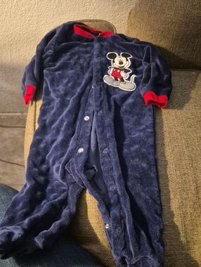 Disney Navy Plush Mickey Mouse Snap One-Piece with Red Trim